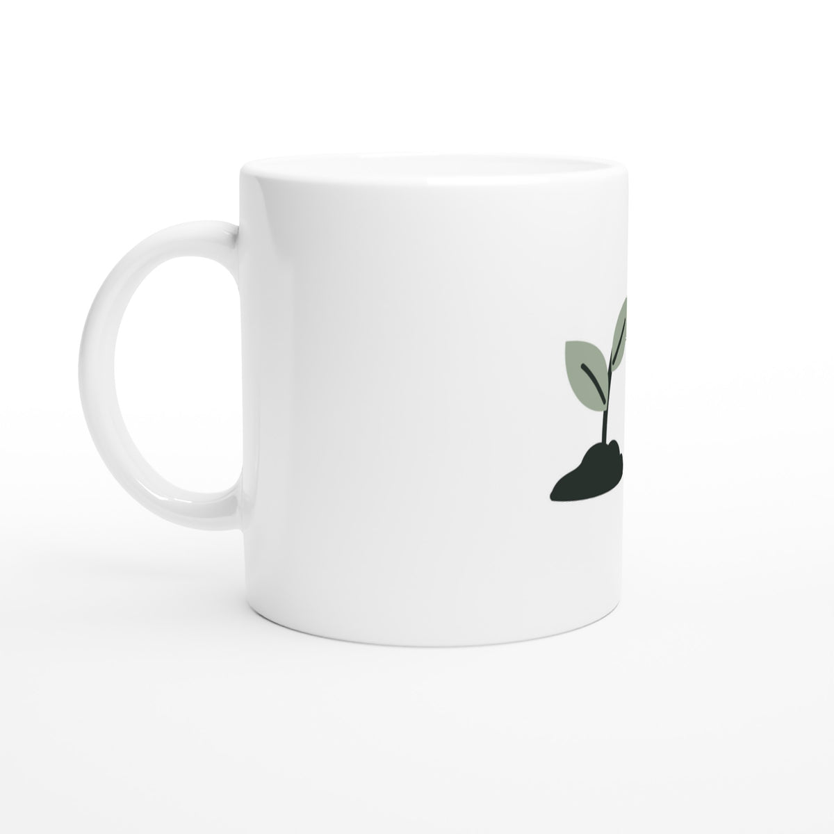 White Garden Break mug viewed from the side, with handle on the left and the sprout illustration partly visible at the right edge.