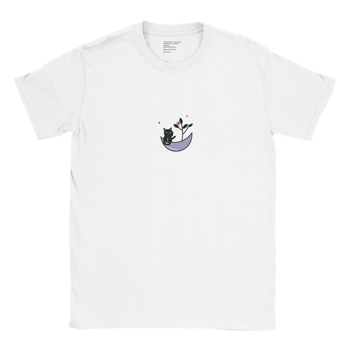 Front view of the white Moon Gardener T-shirt with a small black cat, lavender crescent and flowering plant printed on the chest.