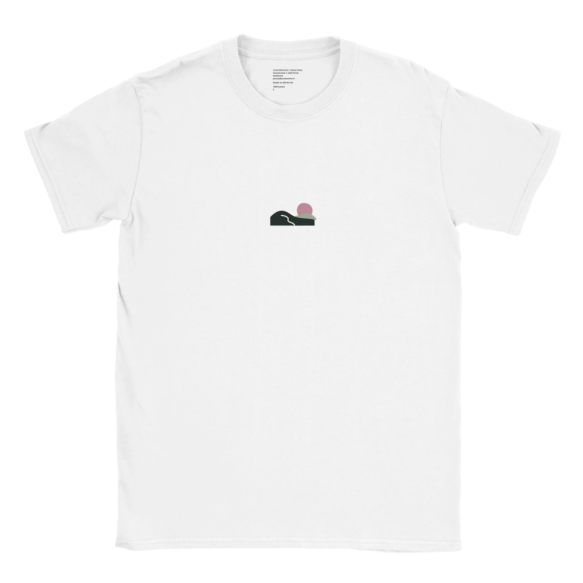 White Slow Sunday T-shirt, front view, with a small green-hills illustration, winding cream path and dusty-pink sun.