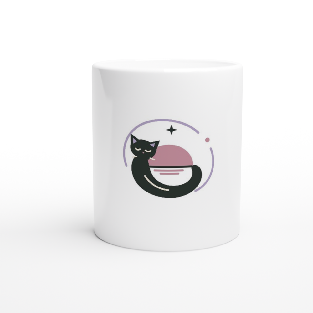 Front view of the white Morning Orbit ceramic mug with the complete cat, pink semicircle, star and lavender orbit artwork.