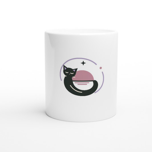 Front view of the white Morning Orbit ceramic mug with the complete cat, pink semicircle, star and lavender orbit artwork.