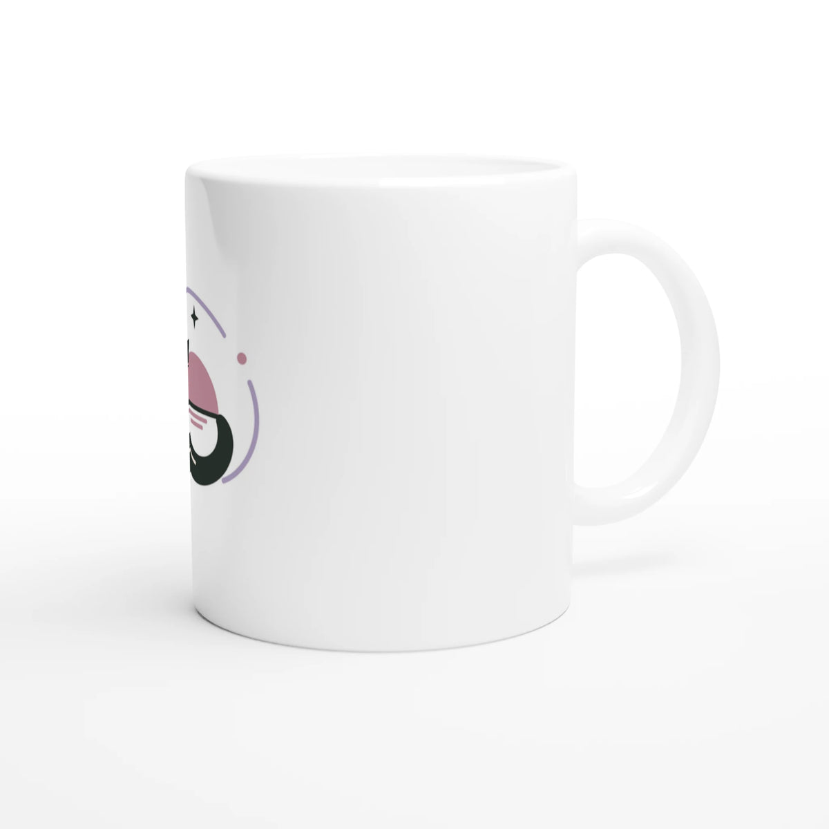 White Morning Orbit mug viewed from the opposite side, with handle on the right and the pink-and-lavender print partly visible at the left edge.