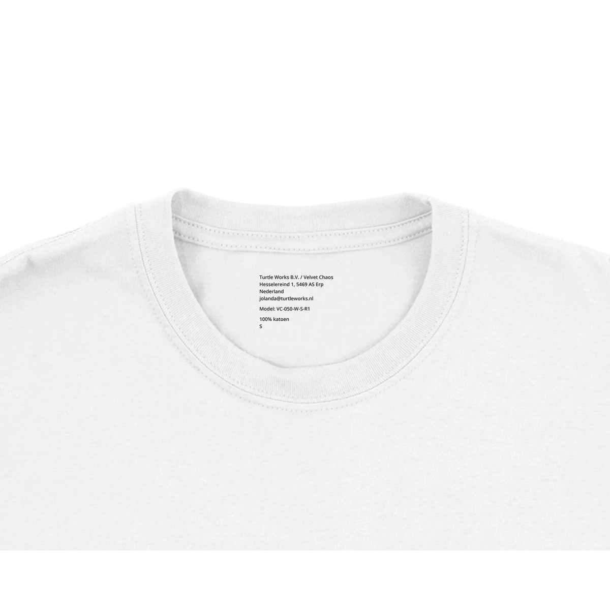 Inside neckline of the white Slow Sunday T-shirt, showing manufacturer contact details, model VC-050-W-S-R1, 100% katoen and size S.