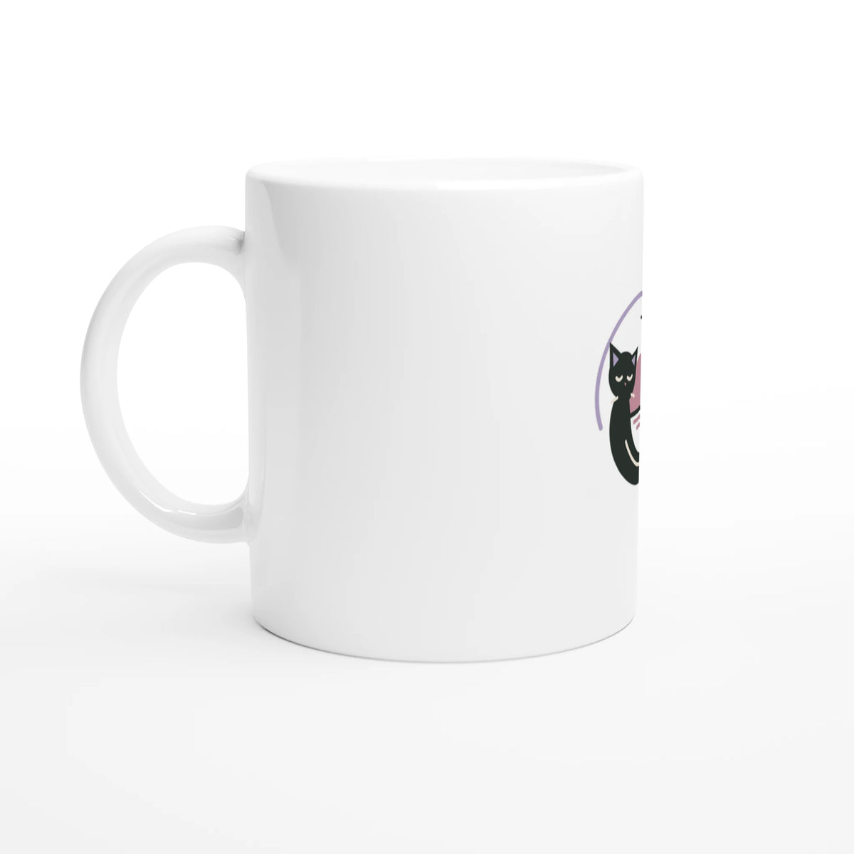White Morning Orbit mug viewed from the side, with handle on the left and the cat-and-orbit print partly visible at the right edge.